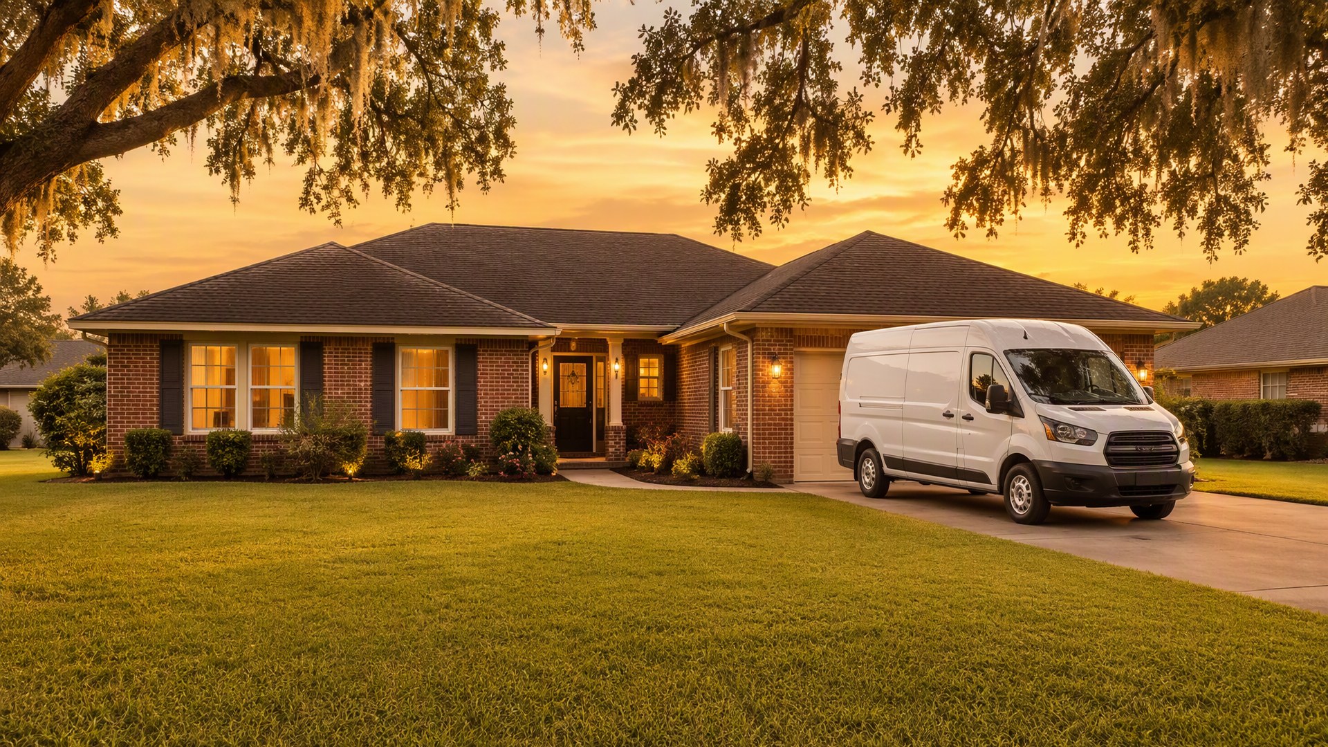 A Houma brick ranch home at dusk beside the bayou, windows glowing after a storm